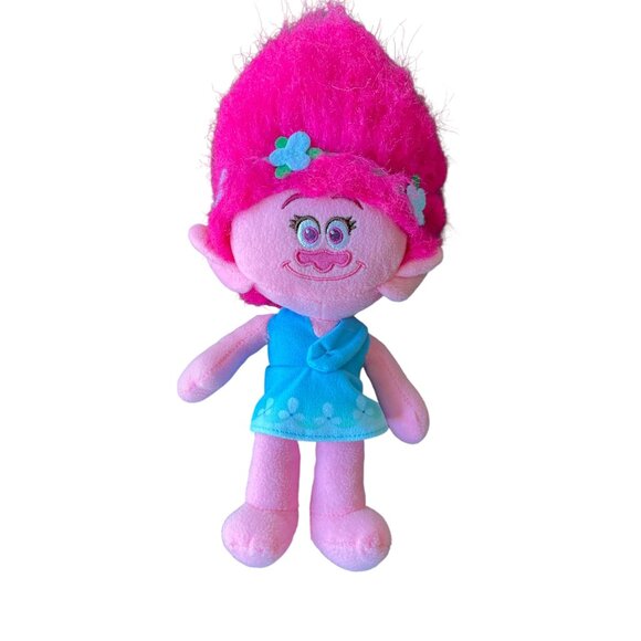 DREAMWORKS TROLLS Poppy Plush Pink Troll Tall Pink Hair Blue Dress 13" - Picture 1 of 6